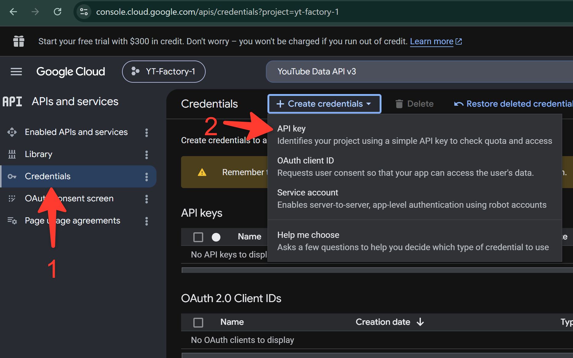 Создание YouTube API key